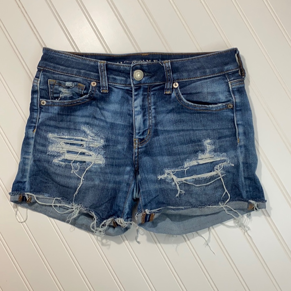 American Eagle Outfitters MIDI Super Super Stretch X Cut Off Denim Shorts Size 4